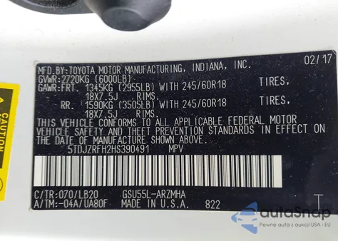 2017 Toyota Highlander Xle из США, поврежденный, VIN 5TDJZRFH2HS390491